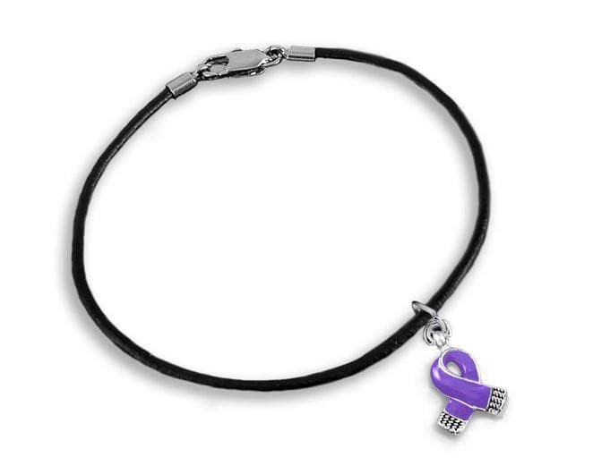 Small Purple Ribbon Charm on Black Cord Bracelet for Causes - The House of Awareness