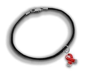 Red Ribbon Charm on Black Cord Bracelet for Heart Disease Awareness - The House of Awareness