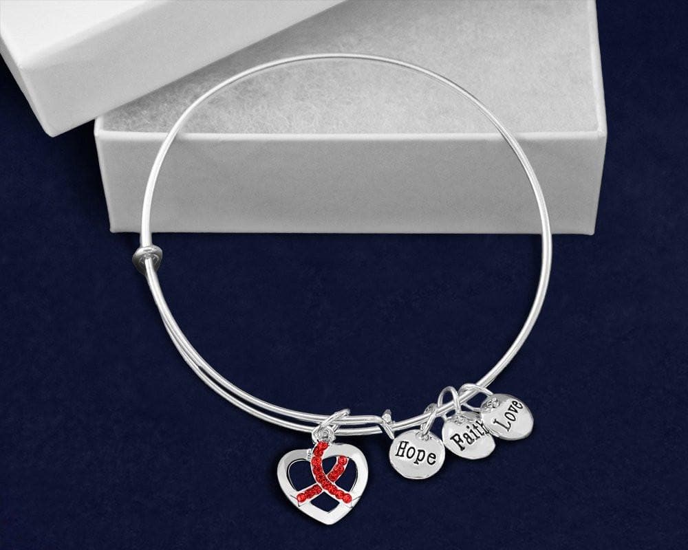 Red Crystal Heart Ribbon Retractable Charm Bracelet for Causes - The House of Awareness