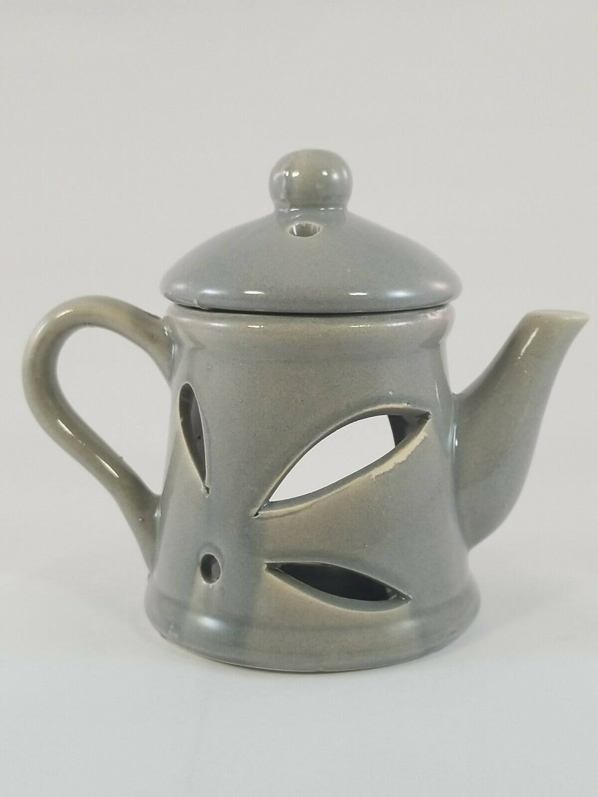 Ceramic Grey Teapot Oil Warmer with Decorative Cutouts